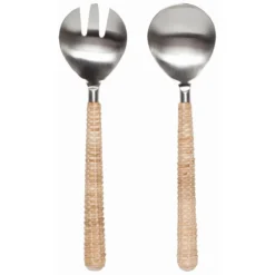 Danica Heirloom 2-Piece Salad Servers Set | Matte Steel & Rattan