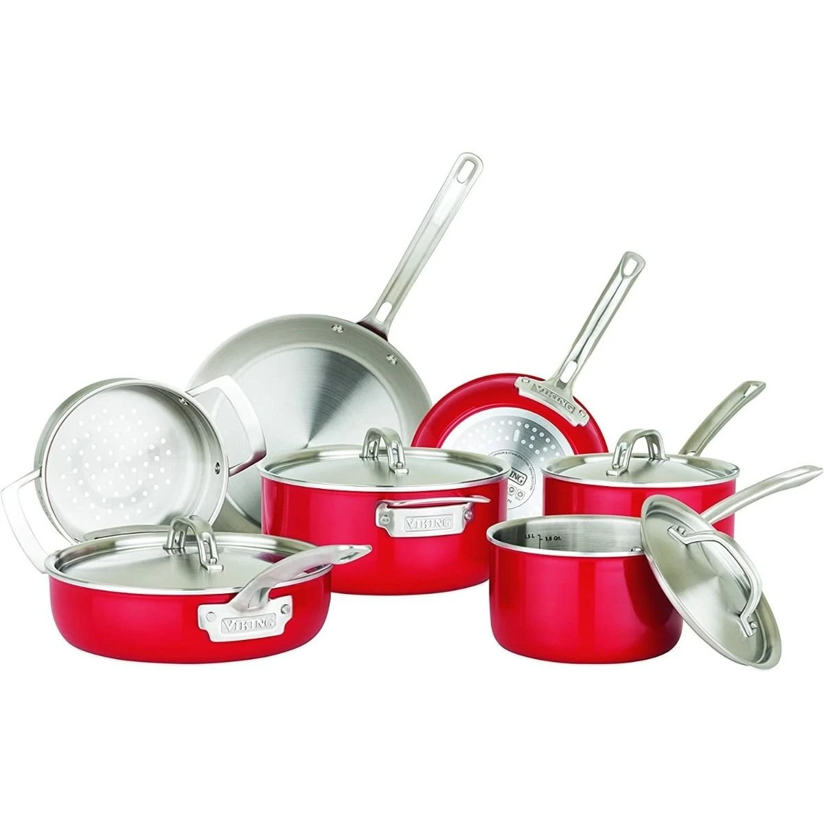 Viking Multi Ply Stainless 11-Piece Cookware Set | Red 1 Viking Multi Ply Stainless 11-Piece Cookware Set | Red