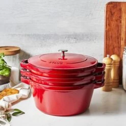 Staub Stackable Cocotte, Braiser, And Grill Pan With Lid | Cherry -Kitchen Supplies 750051520