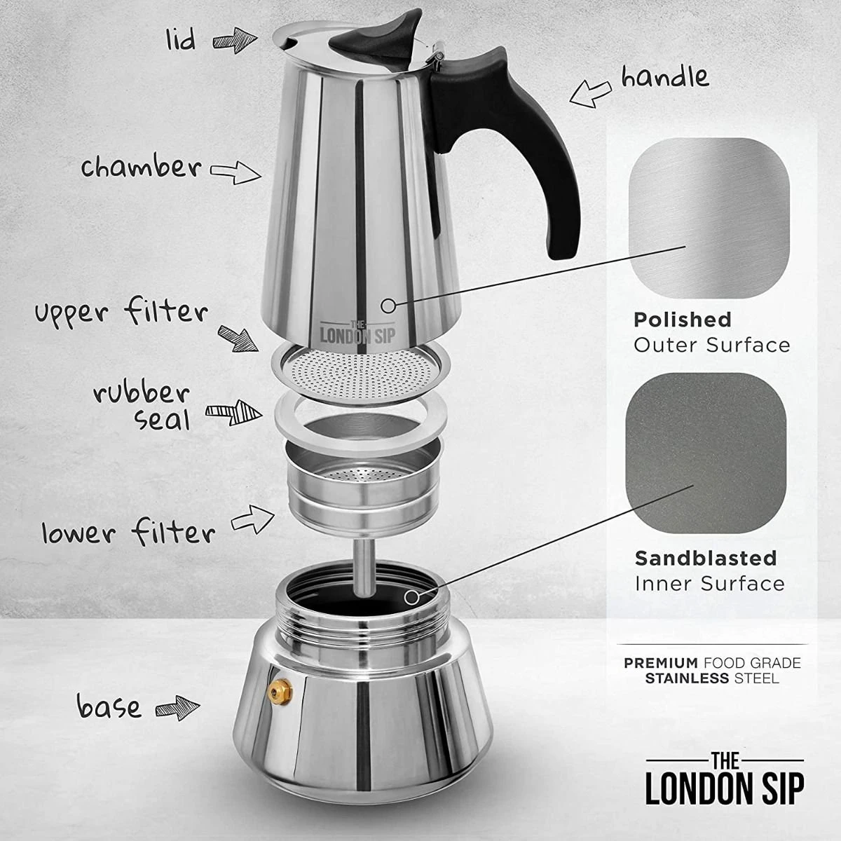 Escali London Sip 6 Cup Stainless Steel Espresso Maker | Silver 2 Escali London Sip 6 Cup Stainless Steel Espresso Maker | Silver - Image 2