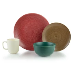 Everything Kitchens Modern Colorful Neutrals - Rippled 16-Piece Dinnerware Set - Matte | Red, Mocha, Green, Beige