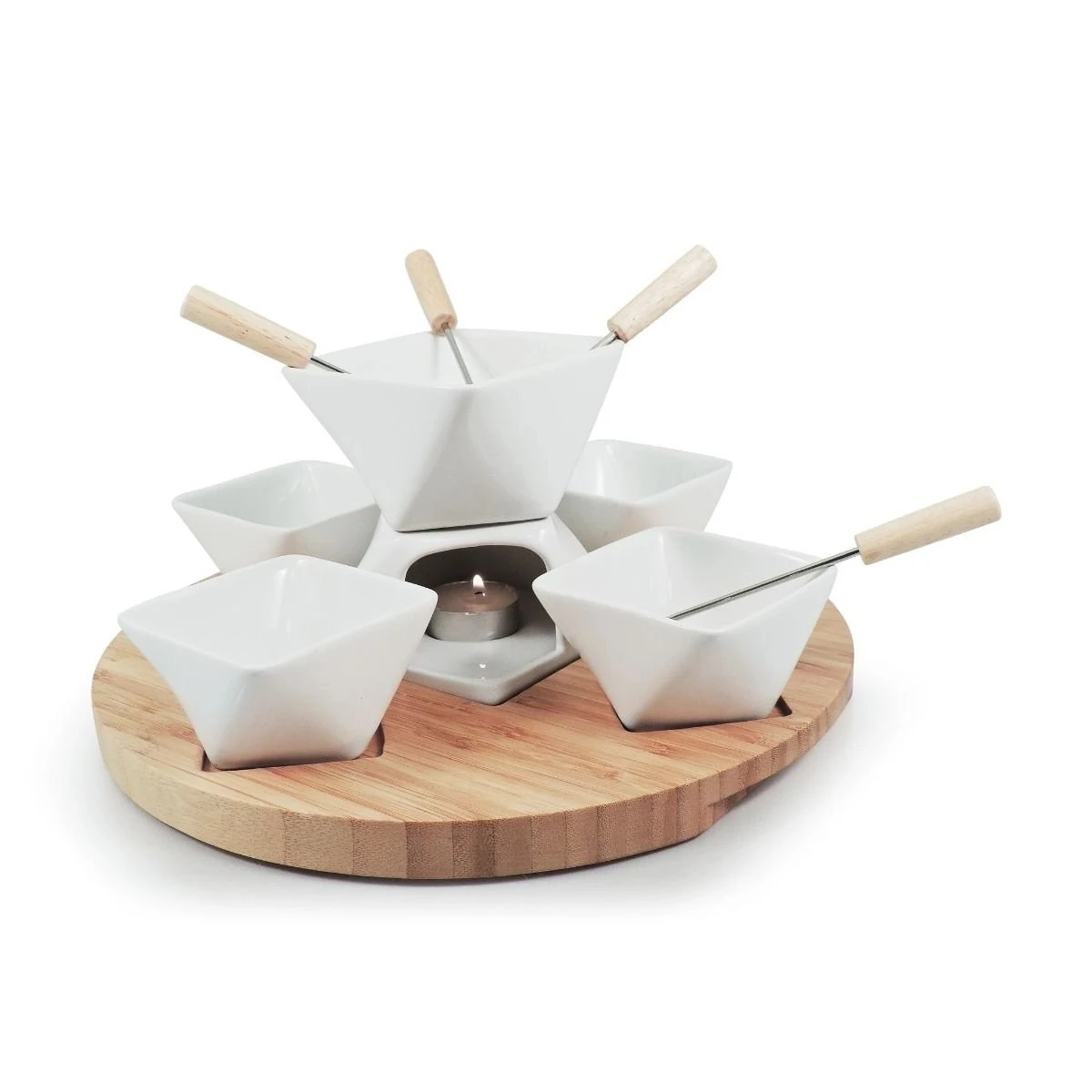Swissmar Rubik 12-Piece Fondue Set | White With Wood Base 1 Swissmar Rubik 12-Piece Fondue Set | White With Wood Base