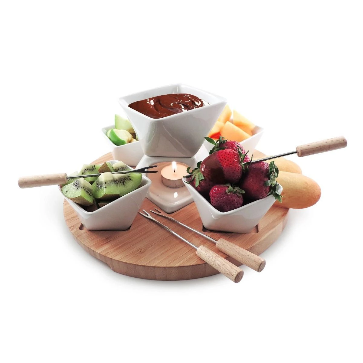 Swissmar Rubik 12-Piece Fondue Set | White With Wood Base 2 Swissmar Rubik 12-Piece Fondue Set | White With Wood Base - Image 2