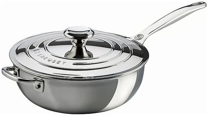 Le Creuset 3.5 Qt. Tri-Ply Stainless Steel Saucier Pan With Lid & Helper Handle 1 Le Creuset 3.5 Qt. Tri-Ply Stainless Steel Saucier Pan With Lid & Helper Handle