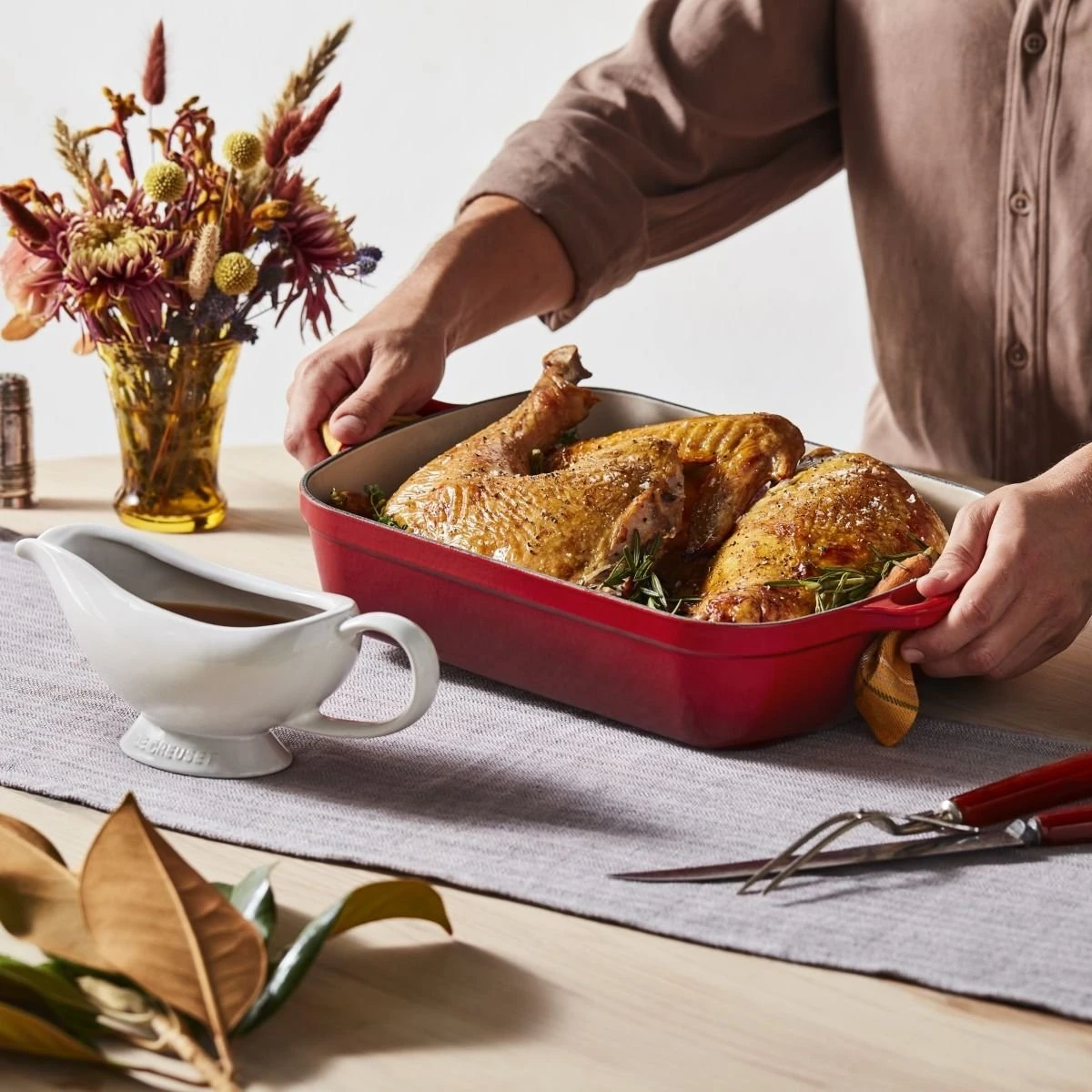 Le Creuset 5.25 Qt. Rectangular Signature Cast Iron Roaster | Cerise/Cherry Red 2 Le Creuset 5.25 Qt. Rectangular Signature Cast Iron Roaster | Cerise/Cherry Red - Image 2