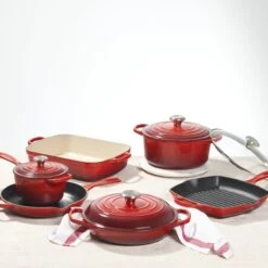 Le Creuset 10-Piece Signature Cookware Set With Stainless Steel Knobs | Cerise/Cherry Red -Kitchen Supplies redset