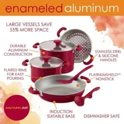 Rachael Ray 8-Piece Enameled Stacking Cookware Set | Red Shimmer -Kitchen Supplies redshim12
