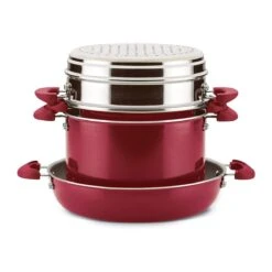 Rachael Ray 8-Piece Enameled Stacking Cookware Set | Red Shimmer -Kitchen Supplies redshim8