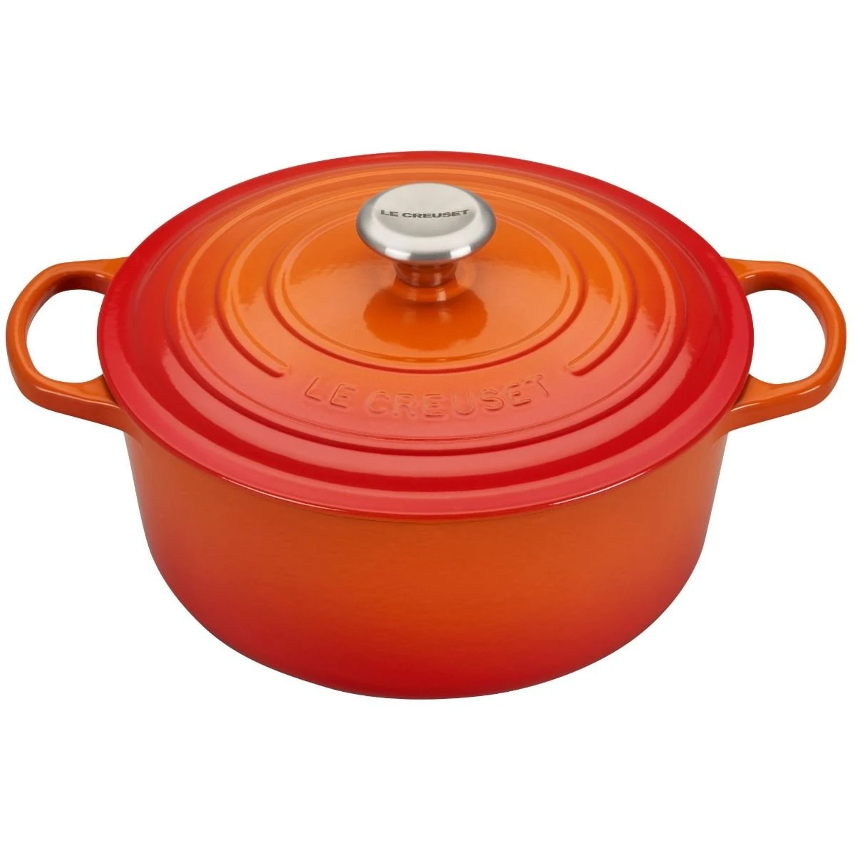 Le Creuset 5.5 Qt. Round Signature Cast Iron Dutch Oven With Stainless Steel Knob | Flame Orange 1 Le Creuset 5.5 Qt. Round Signature Cast Iron Dutch Oven With Stainless Steel Knob | Flame Orange