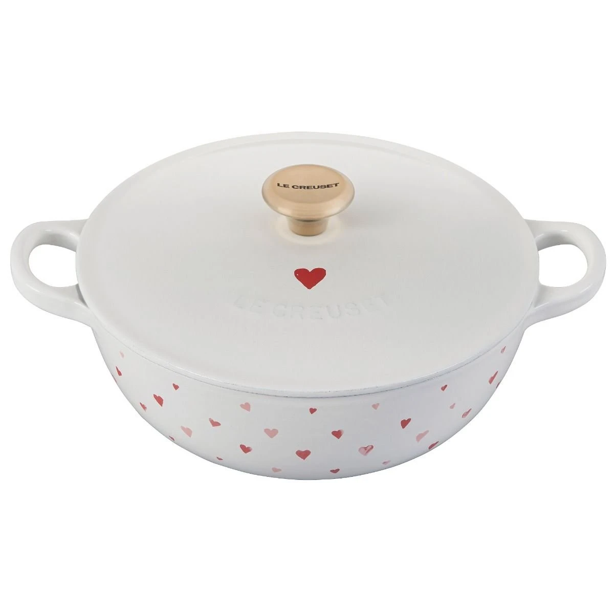 Le Creuset L'Amour 2.75 Qt. Enameled Cast Iron Soup Pot With Gold Knob & Heart Applique | White 1 Le Creuset L'Amour 2.75 Qt. Enameled Cast Iron Soup Pot With Gold Knob & Heart Applique | White