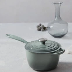 Le Creuset 2.25 Qt. Signature Enameled Cast Iron Saucepan With Stainless Steel Knob | Sea Salt -Kitchen Supplies rs9193 spring 2019 seasaltgroup 0617