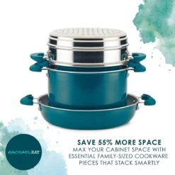 Rachael Ray 8-Piece Enameled Stacking Cookware Set | Teal Shimmer -Kitchen Supplies teal14