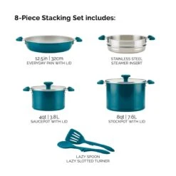 Rachael Ray 8-Piece Enameled Stacking Cookware Set | Teal Shimmer -Kitchen Supplies teal15